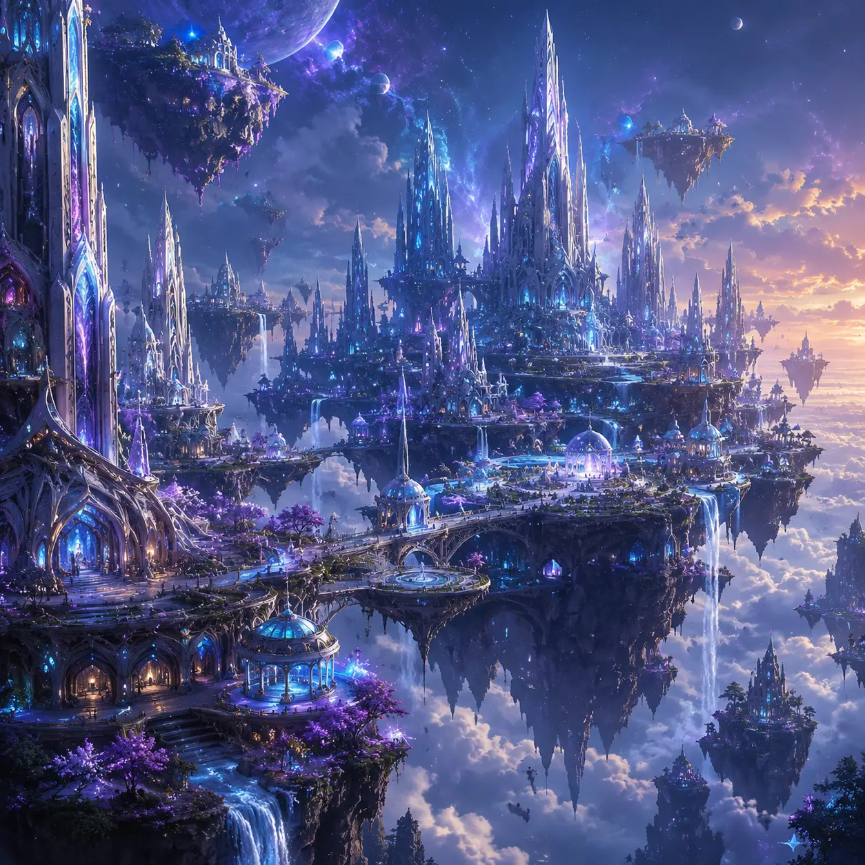 沐浴在發光異星天空中的浮空島城市