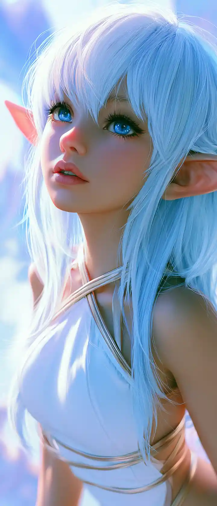 Serene elf girl with flowing blue hair in soft light