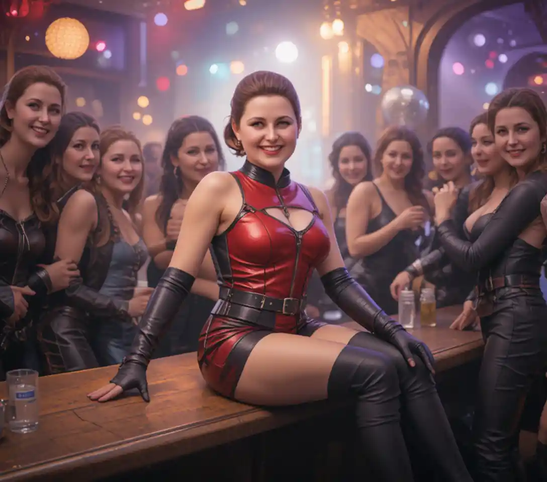 Woman in leather boots sitting on a disco bar