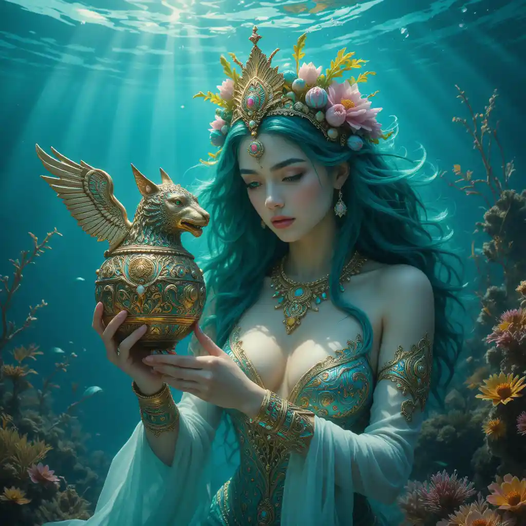 Mystical Persian mermaid with ancient golden rhyton underwater