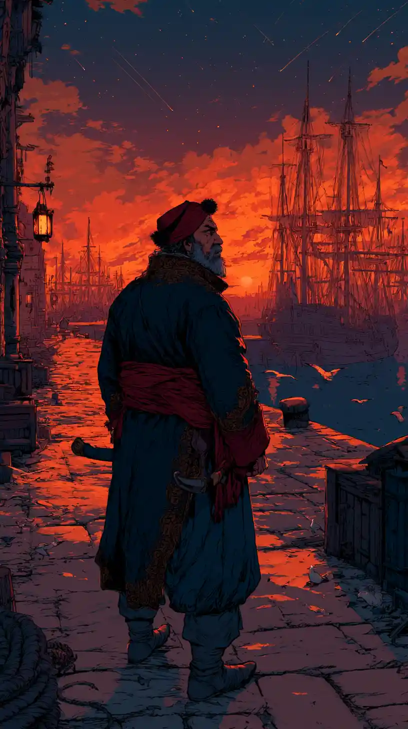 Algerian corsair on a twilight Mediterranean harbor quay