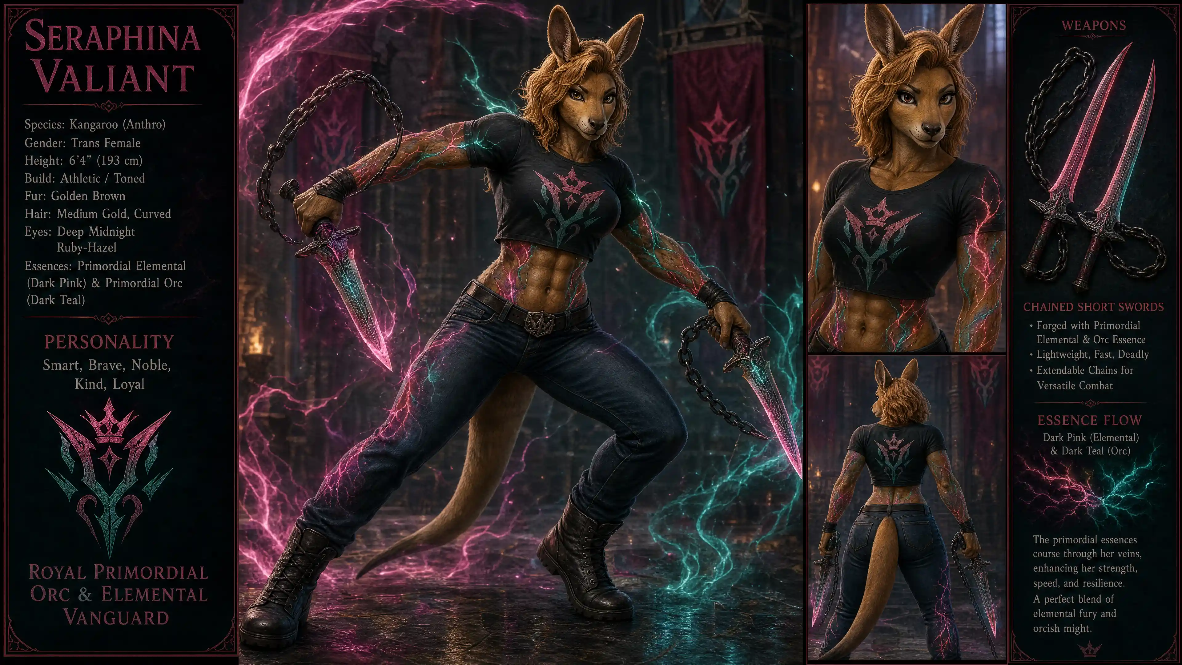 Heroic kangaroo warrior woman with chained short swords