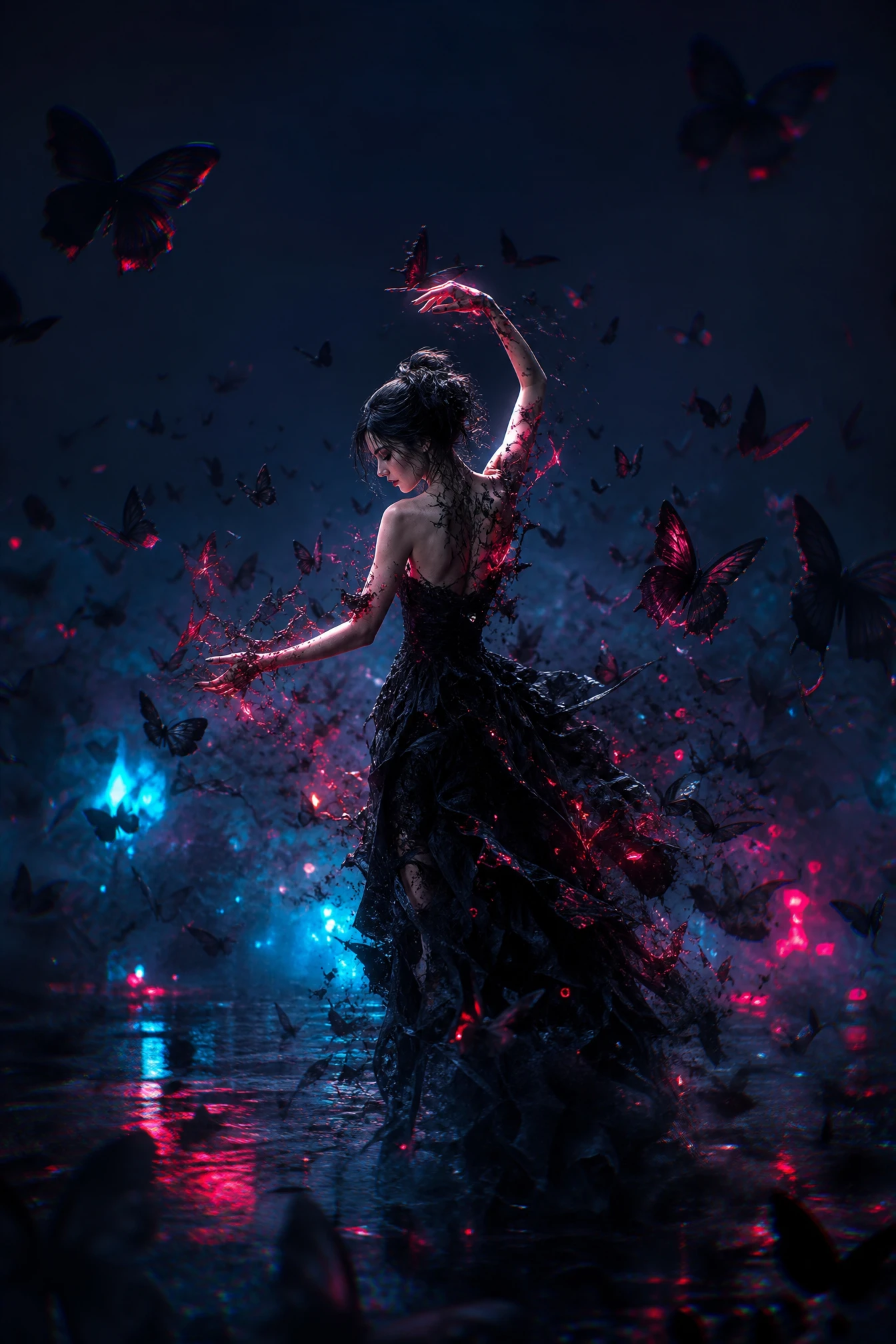 Elegant woman dancing among dark neon butterflies