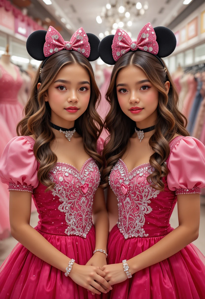 Two young boys in pink Minnie dresses at Disney shop