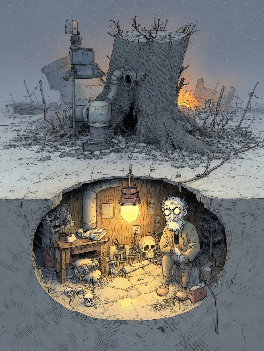 Old hermit with lantern in ruined foggy wasteland