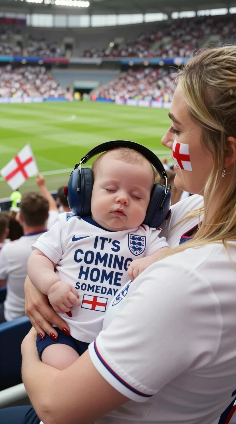 Mother holding sleeping baby at England football match