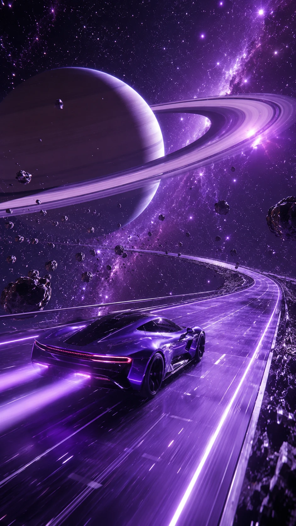 Futuristic sports car racing along a cosmic highway