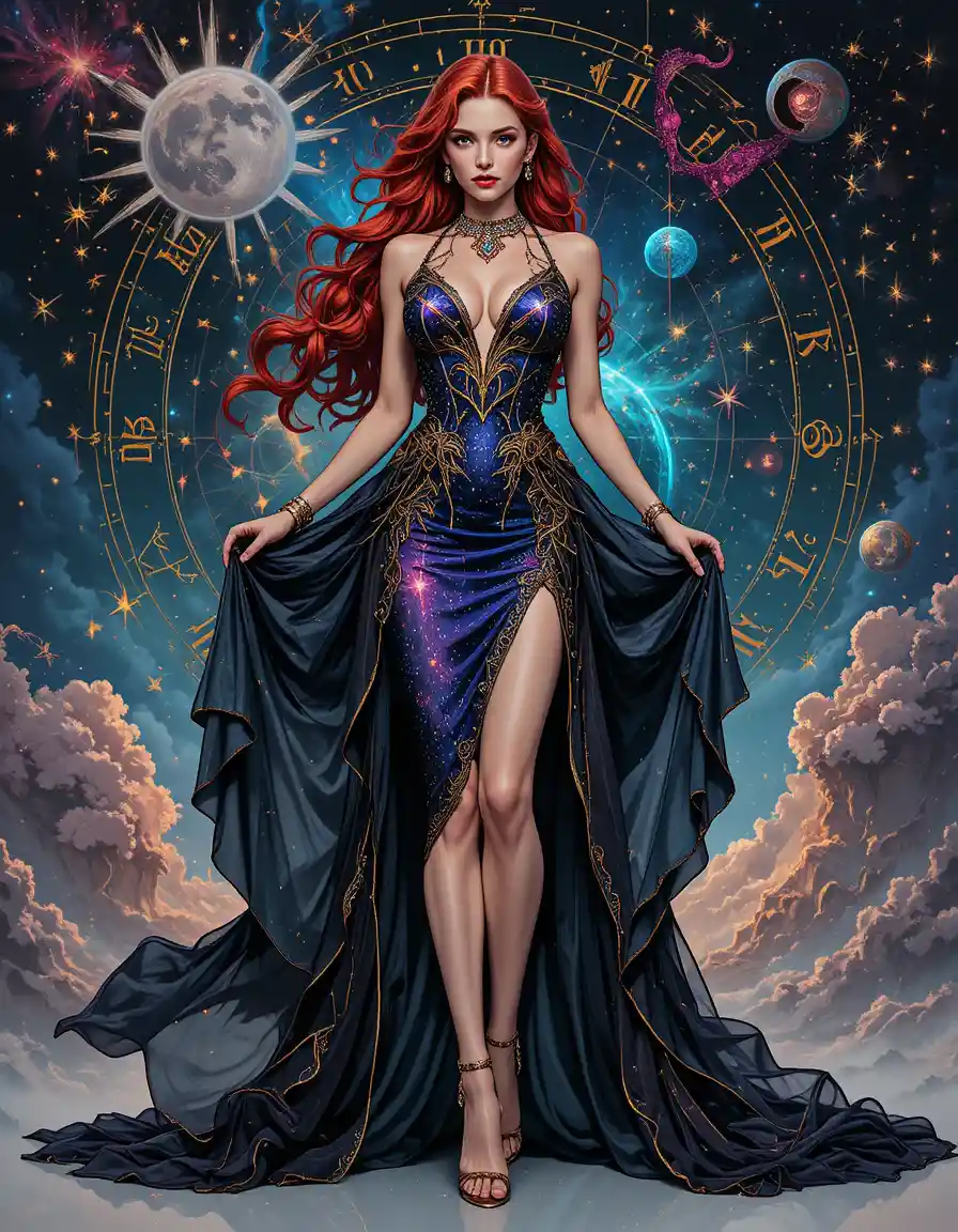 Redhead woman in stilettos wearing celestial formal dress