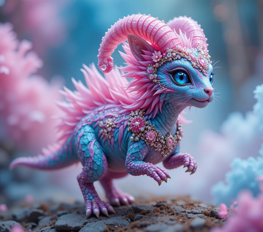 Colorful fantasy creature running in pastel dreamy landscape
