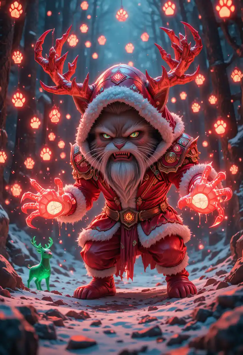 Crystal tabby cat warrior in a glowing rune forest