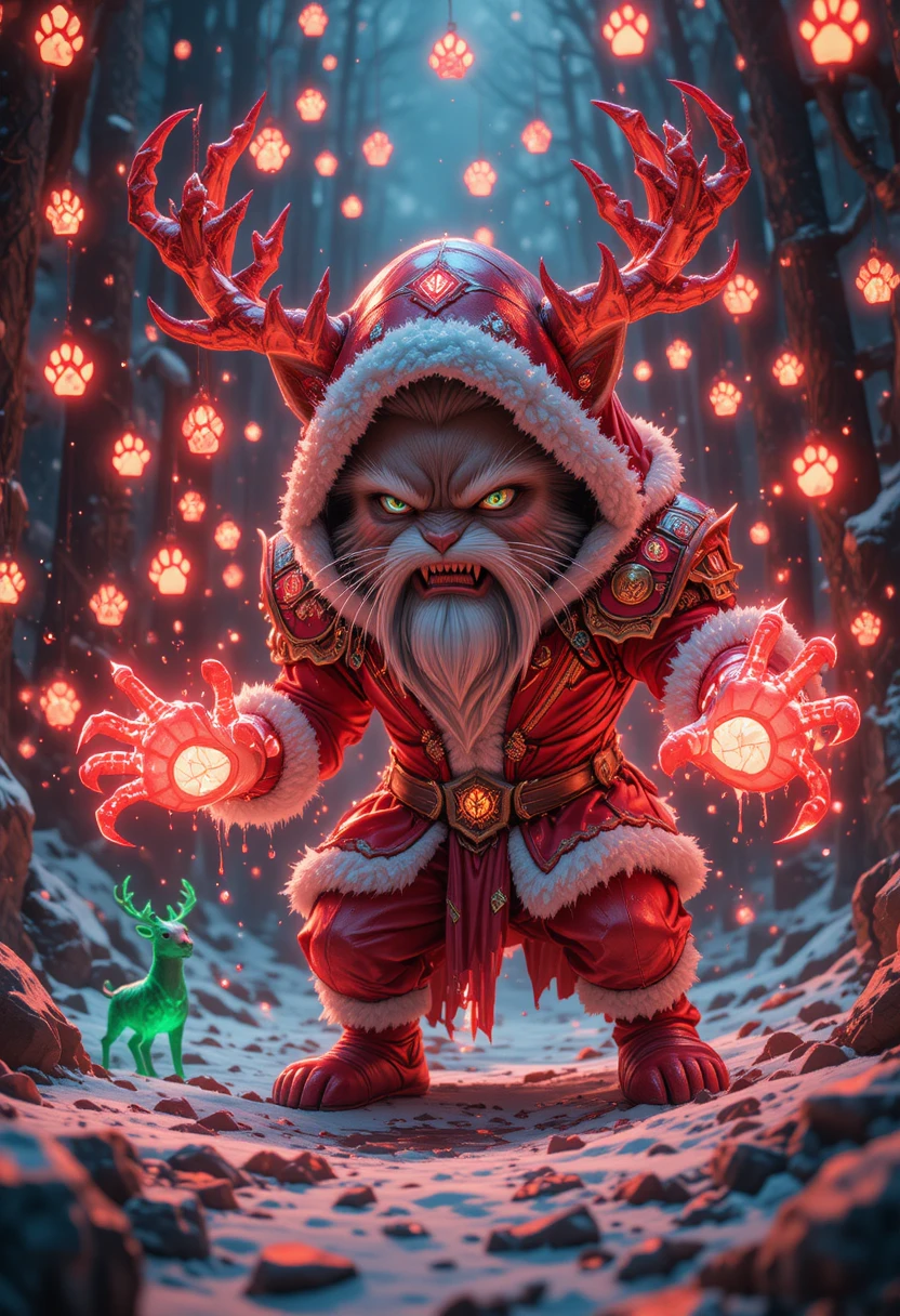 Crystal tabby cat warrior in a glowing rune forest