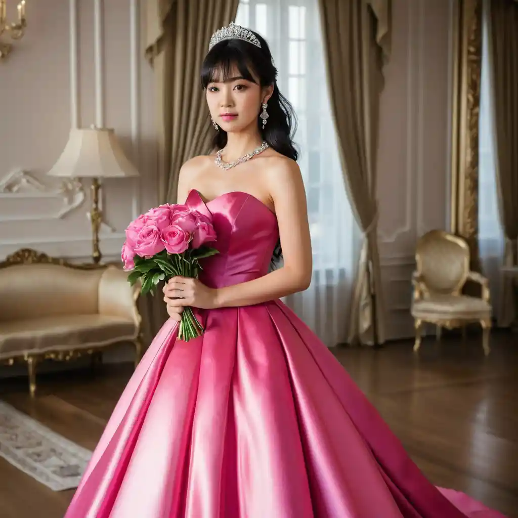 Elegant Japanese bride in hot pink satin gown