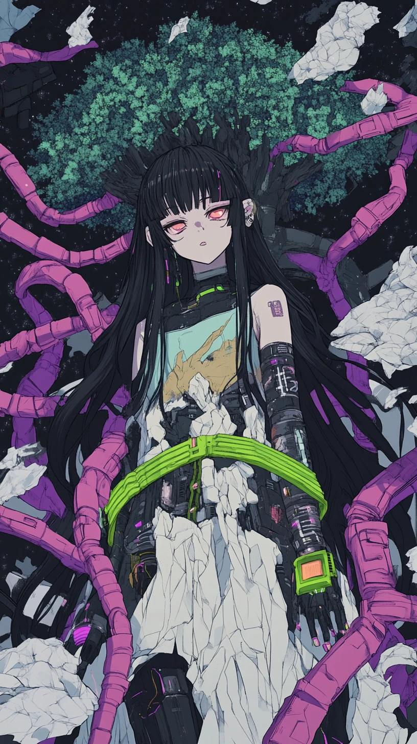Anime girl in surreal gray block world with dead tree