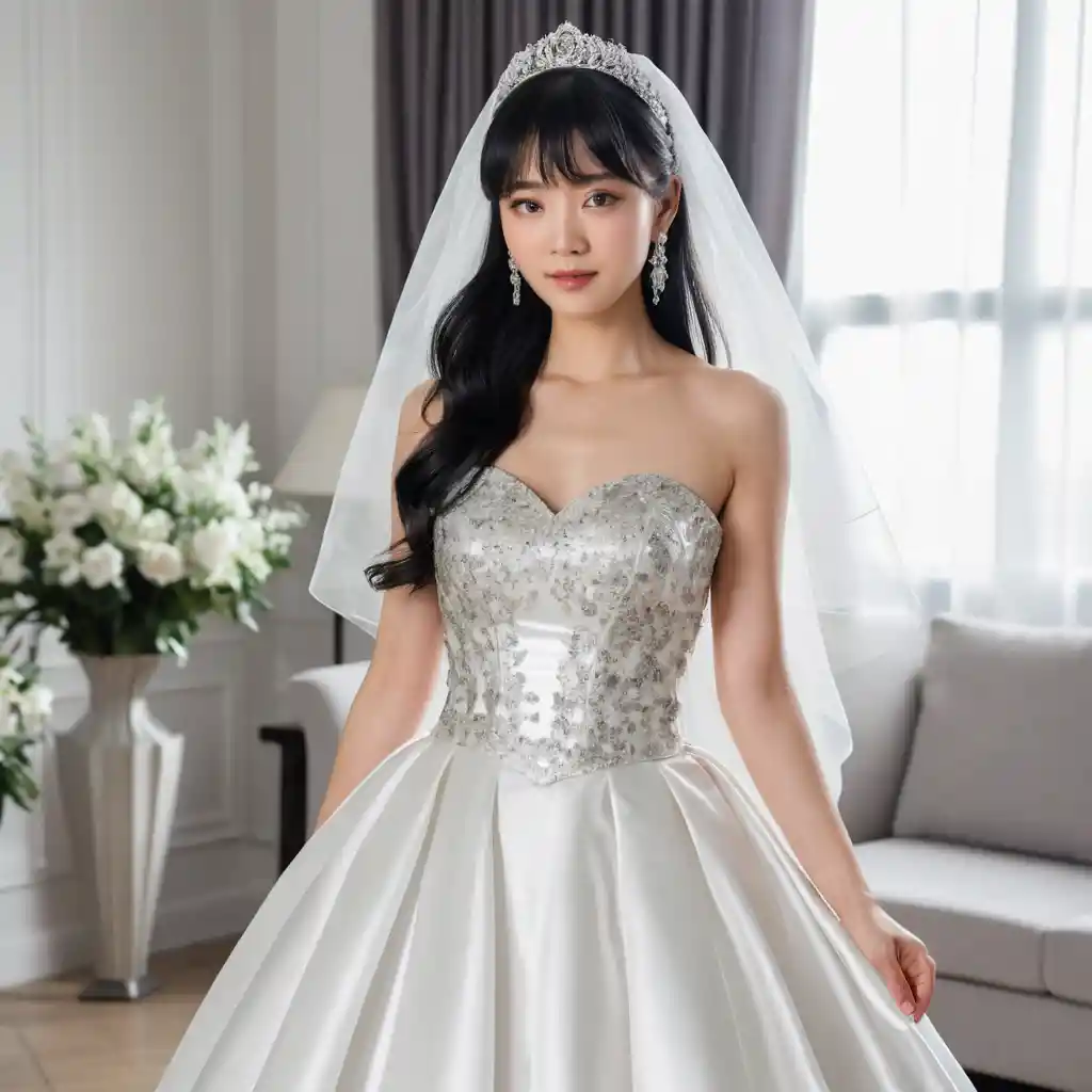 Elegant Japanese bride in white satin wedding gown