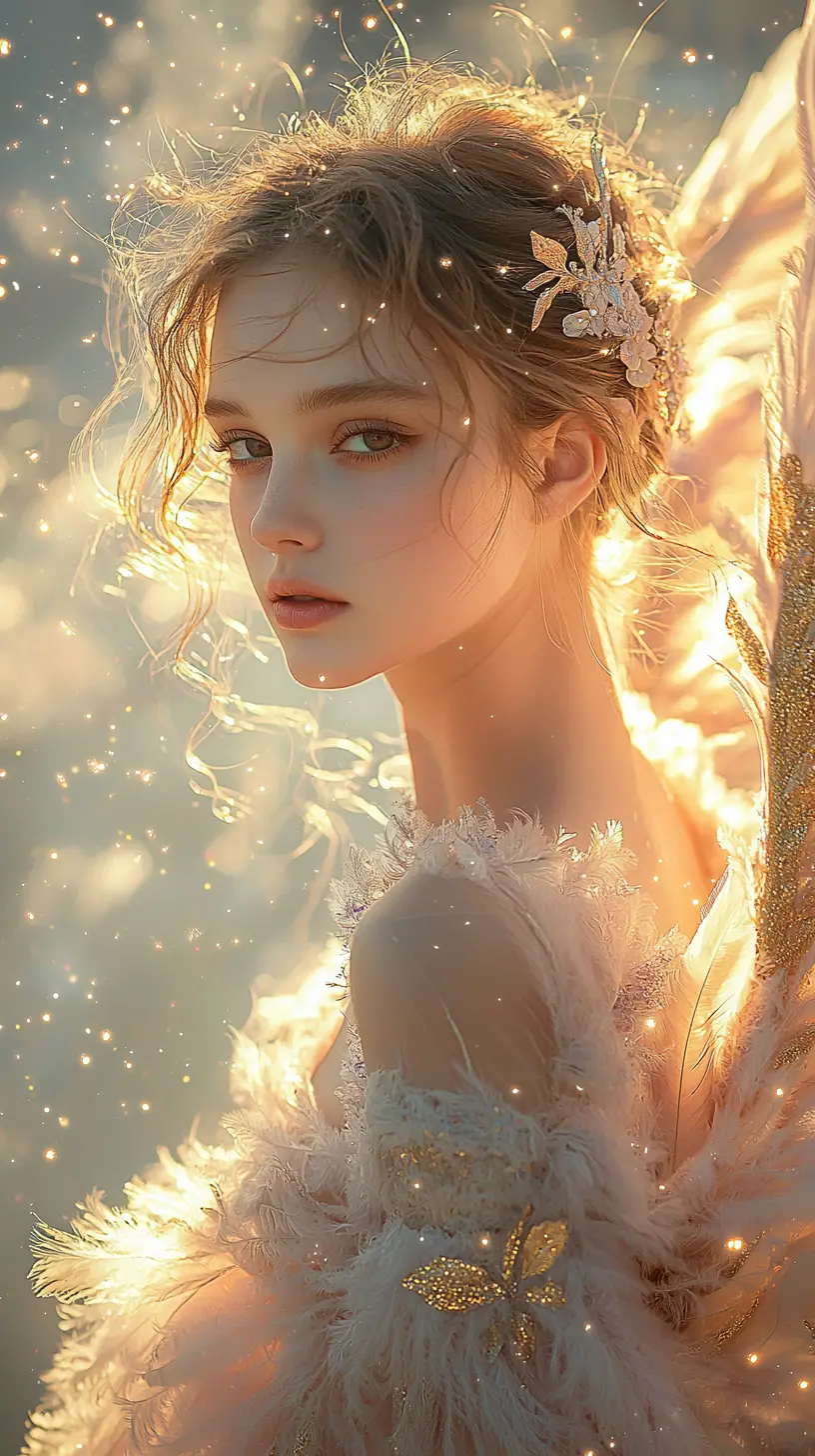 Ethereal angel woman in heavenly pastel light
