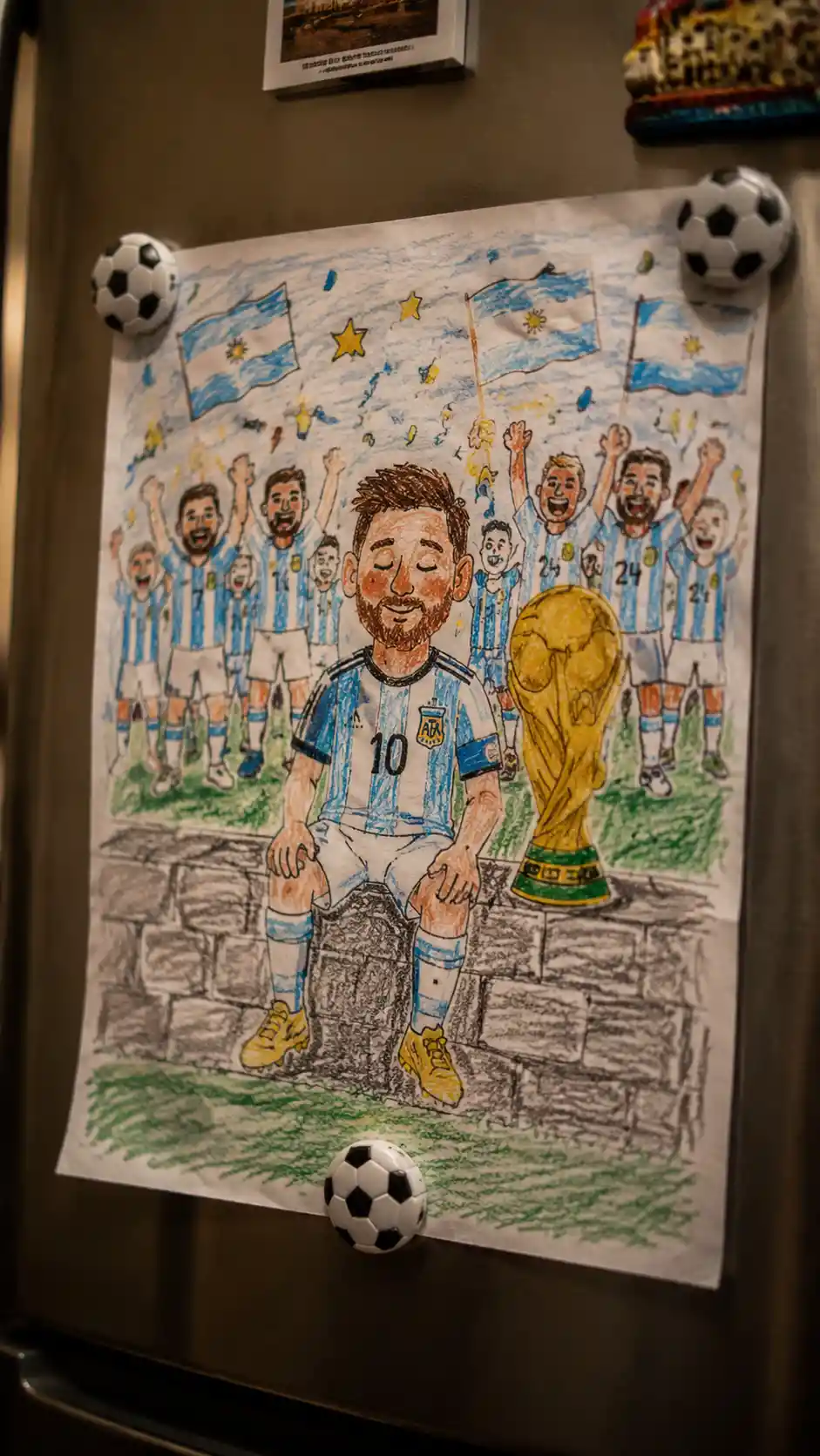 Child crayon drawing of soccer glory on a kitchen fridge