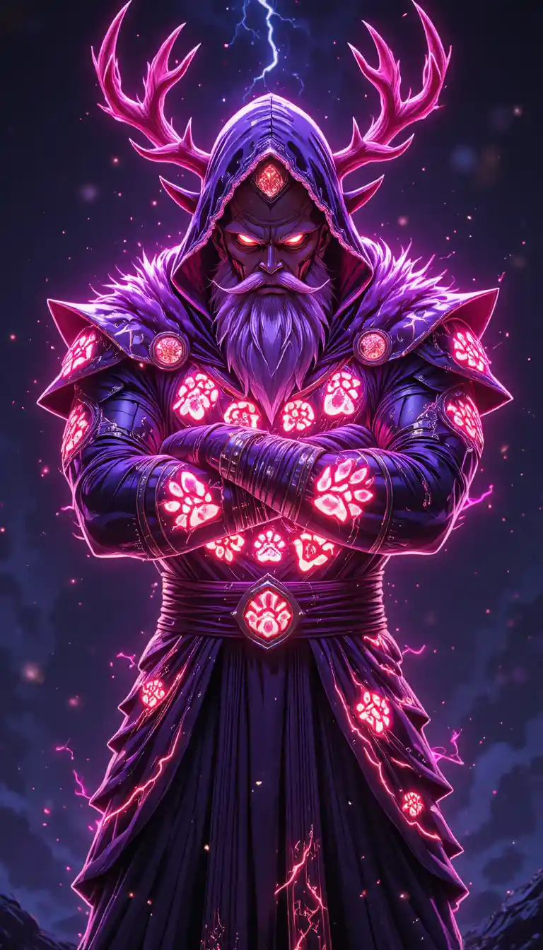 Hooded santa warrior with glowing antlers and neon aura