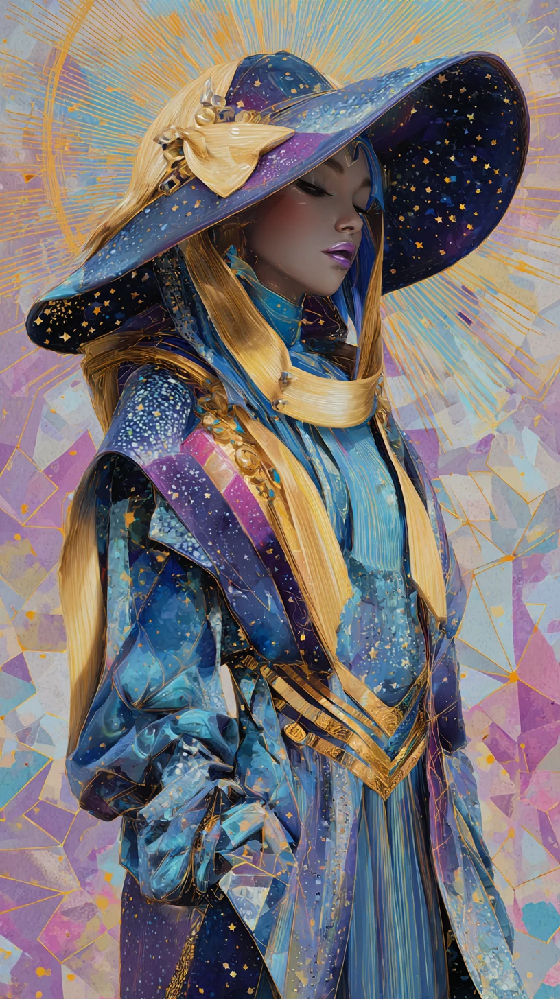 Bruja mística con sombrero celestial y lujoso streetwear
