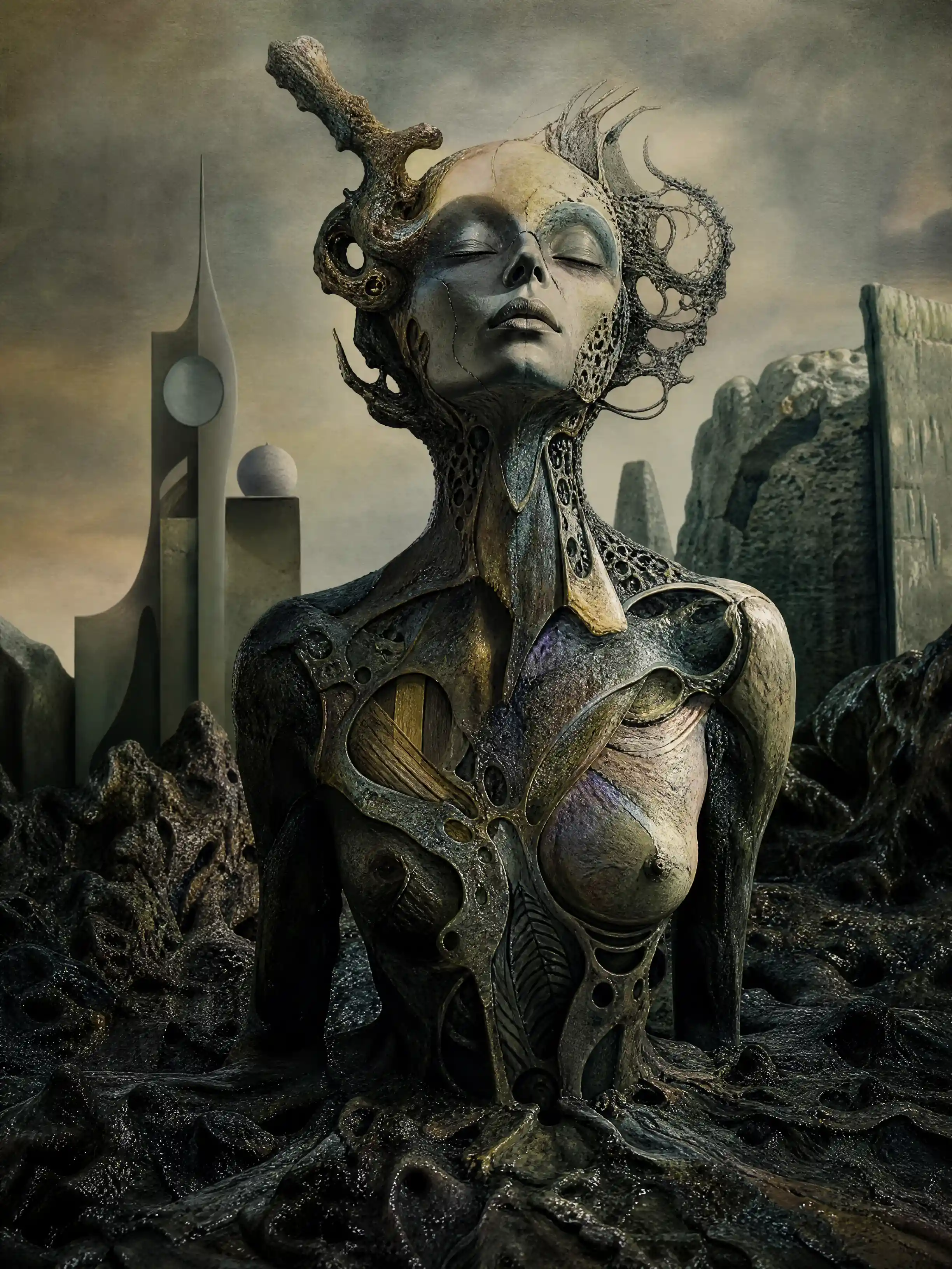 Surreal humanoid figure rising from primordial abstract landscape