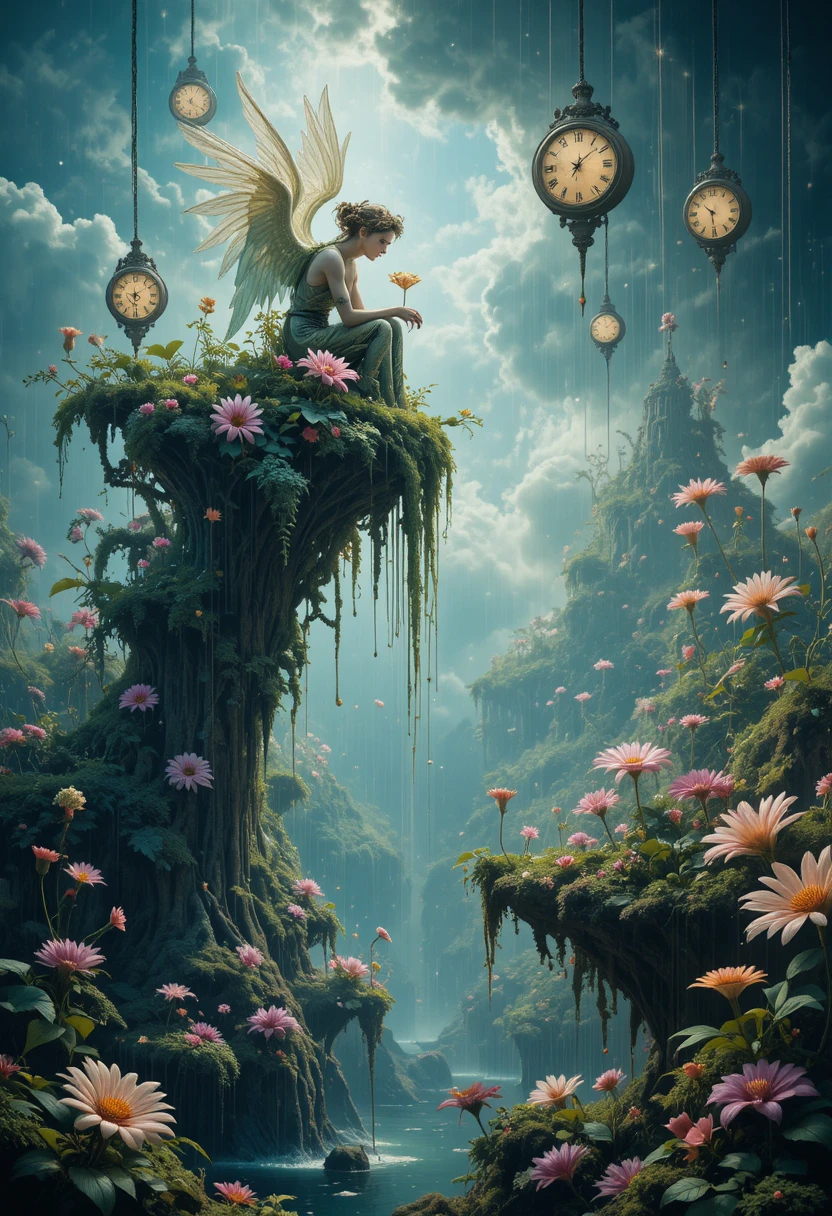 Elven angel on a glowing cloud watering the earth