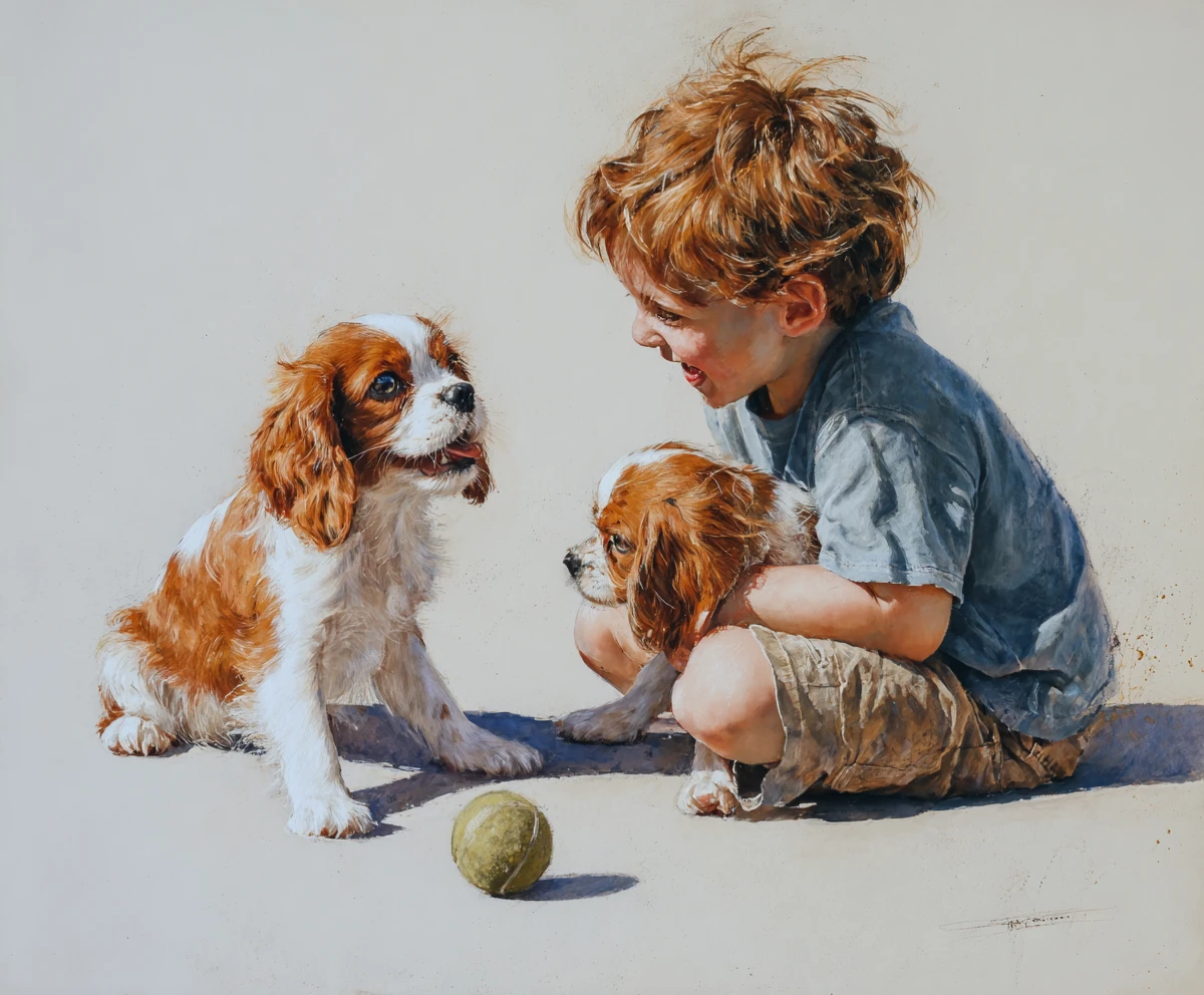 Alegres perros Cavalier King Charles Spaniel jugando en interiores