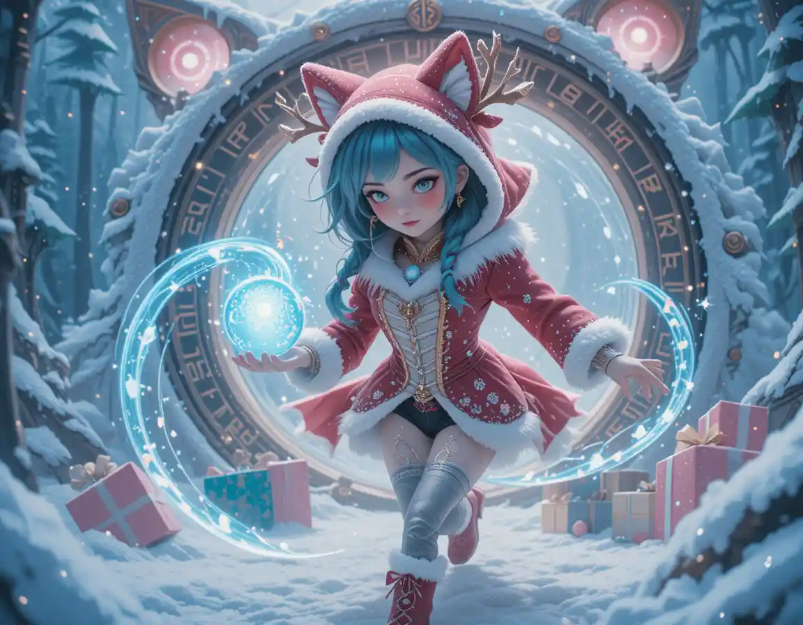 Anime reindeer sorceress running before a glowing cat portal
