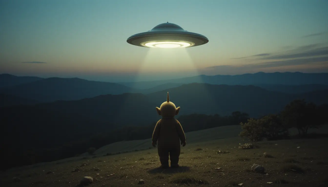 Minimalist dusk scene with a UFO over a distant figure