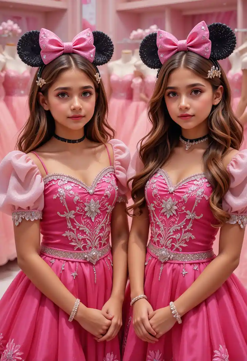 Two preteen boys in pink Minnie dresses in shop