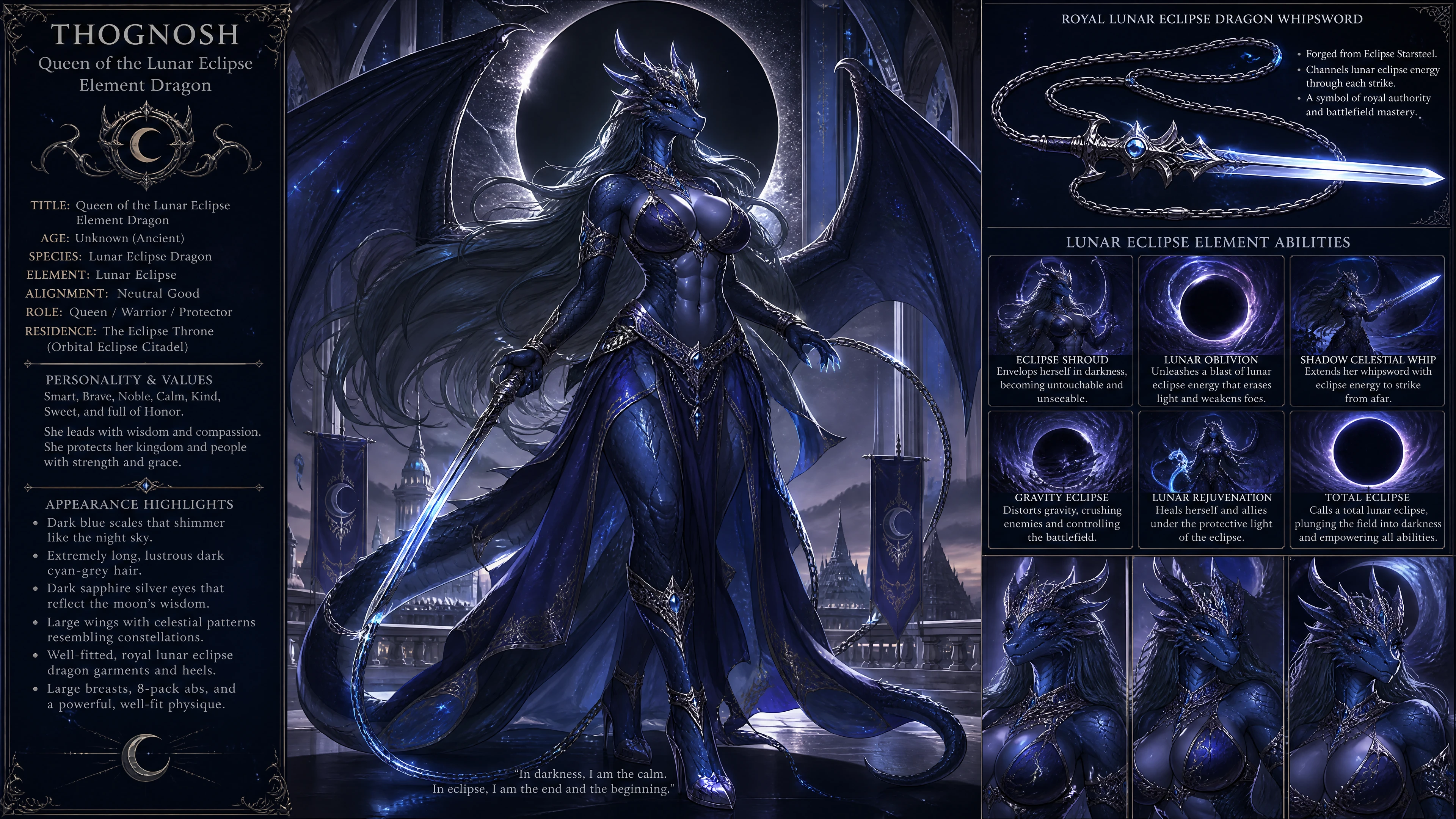 Winged dragon queen woman with lunar eclipse powers