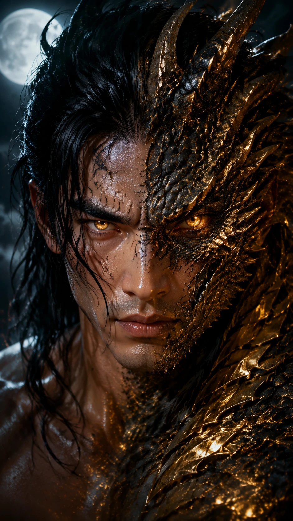 Dragon hybrid man transforming under glowing moonlight