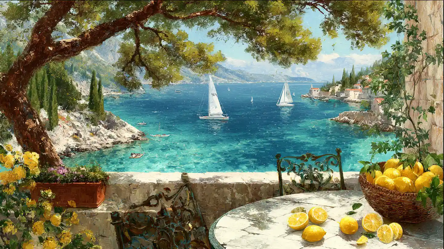 Mediterranean terrace with fruit basket by the Adriatic sea