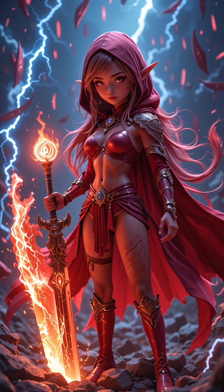Crimson elf warrior with guandao amid floating magic blades