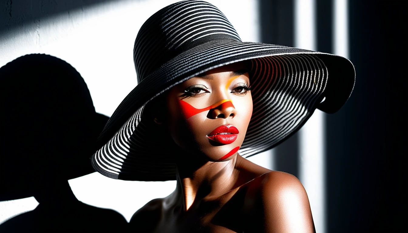 Black woman in striped sun hat with vivid red lips