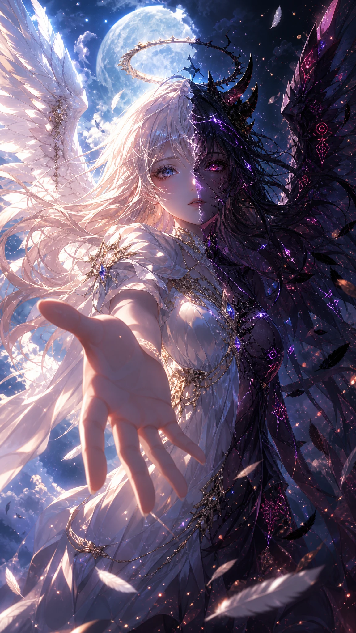 Chica angelical extendiendo la mano bajo la luna brillante