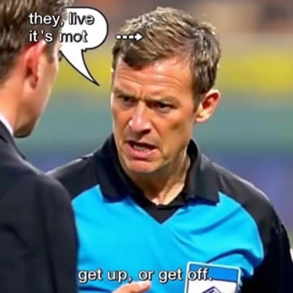 Soccer referee talking to a player after a foul review