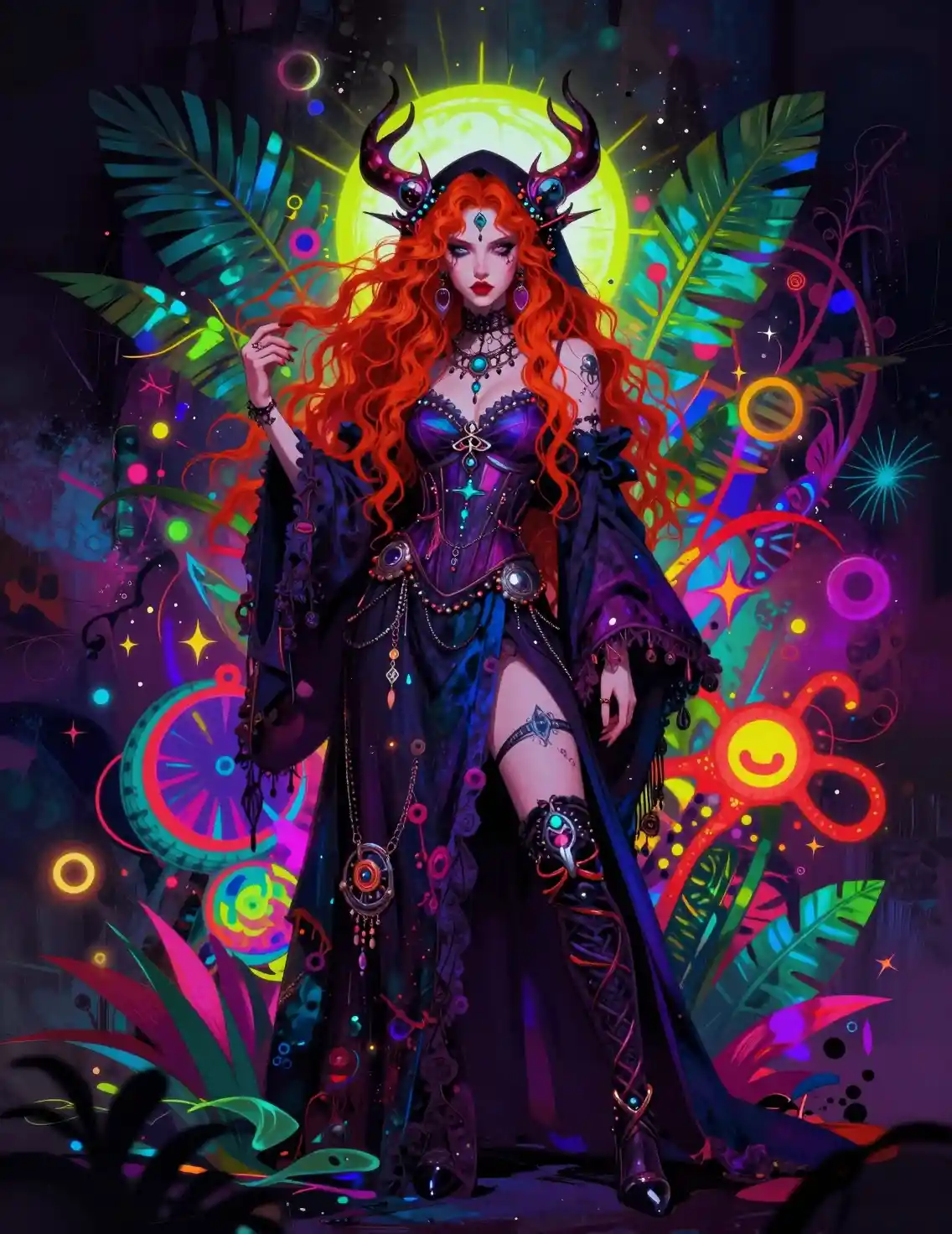 Red haired sorceress in dark tropical neon fantasy scene