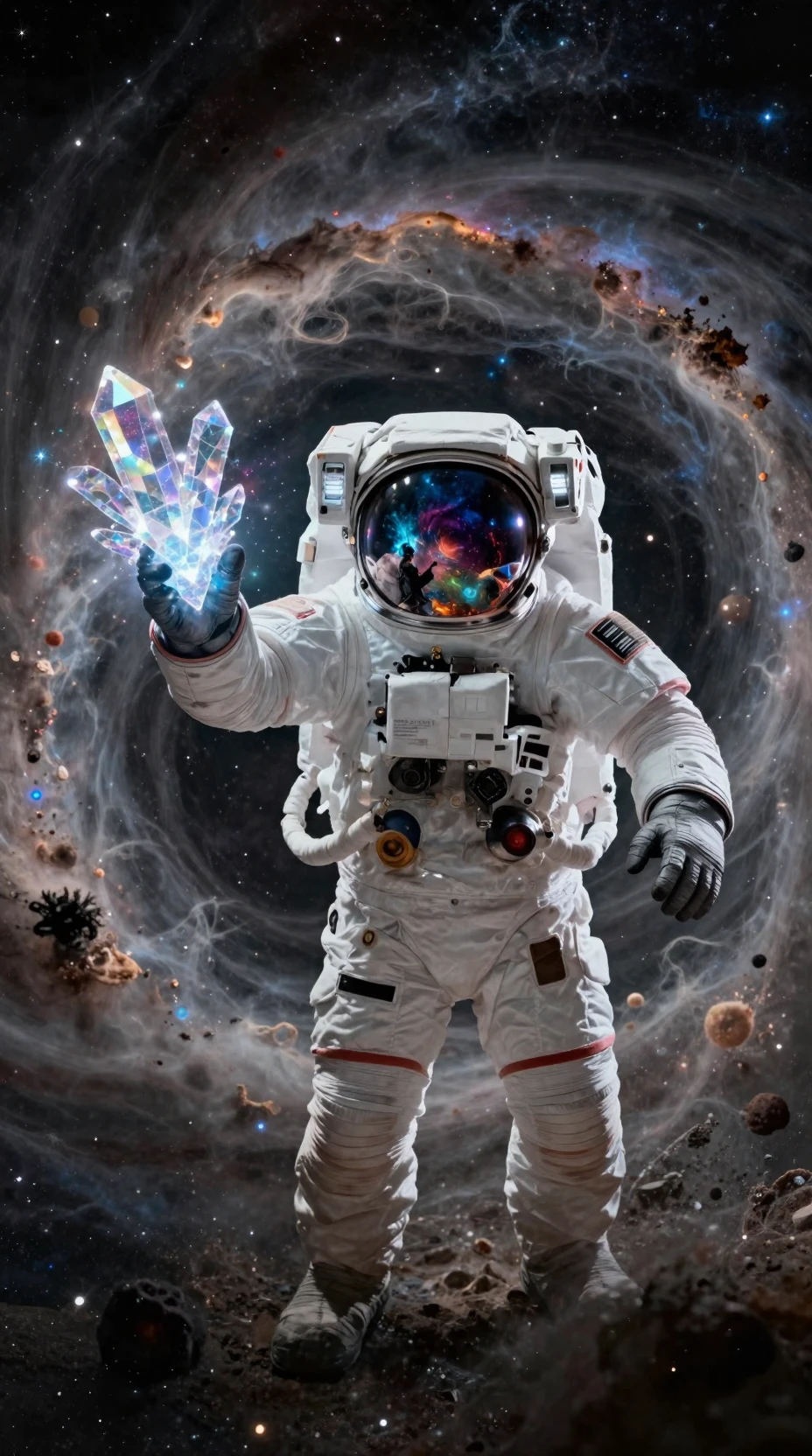 Astronaut Holding Glowing Crystal In Cosmic Vortex