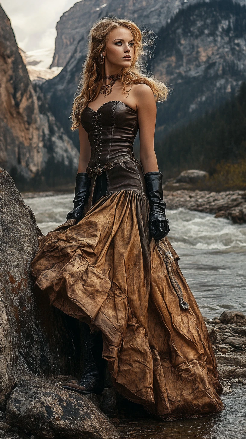 Vintage woman in leather dress by river and mountains