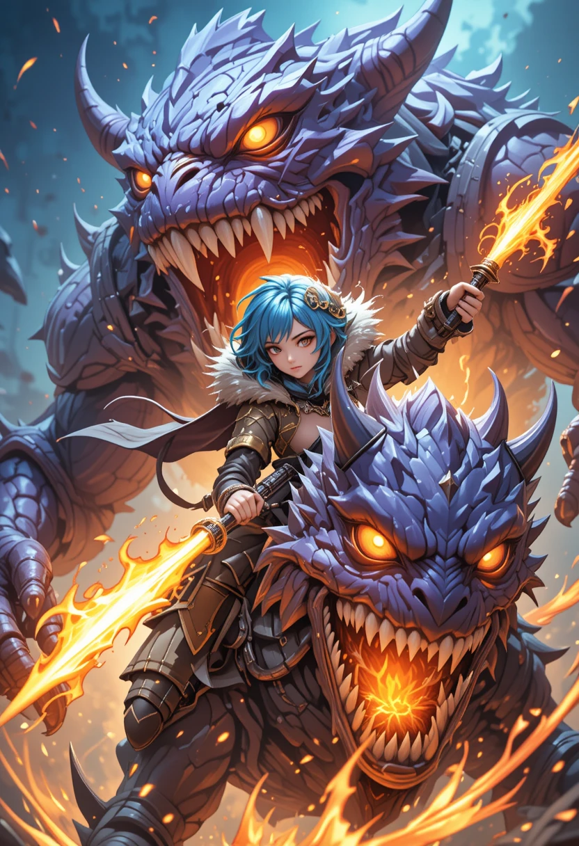 Blue haired anime girl riding a monstrous purple beast