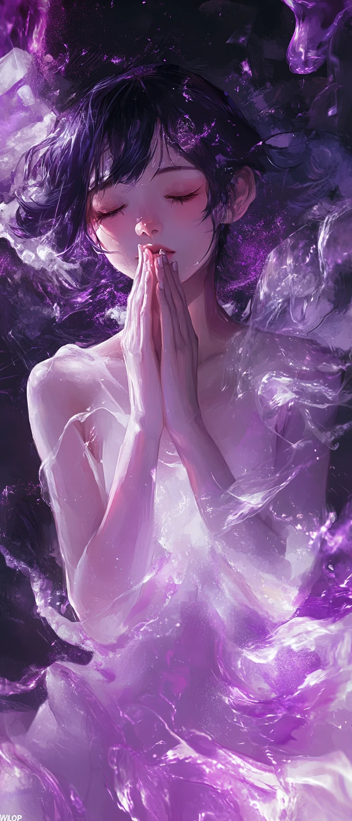 Anime girl with four hands in ethereal top down view