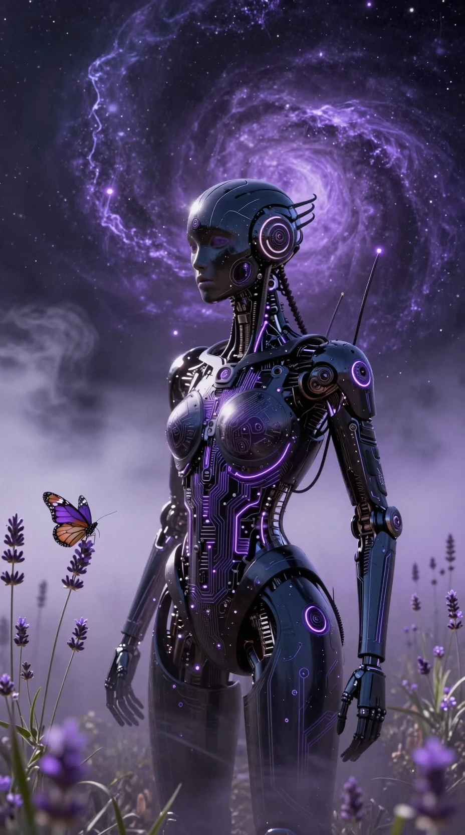 Futuristic monarch butterfly with neon lavender starflower