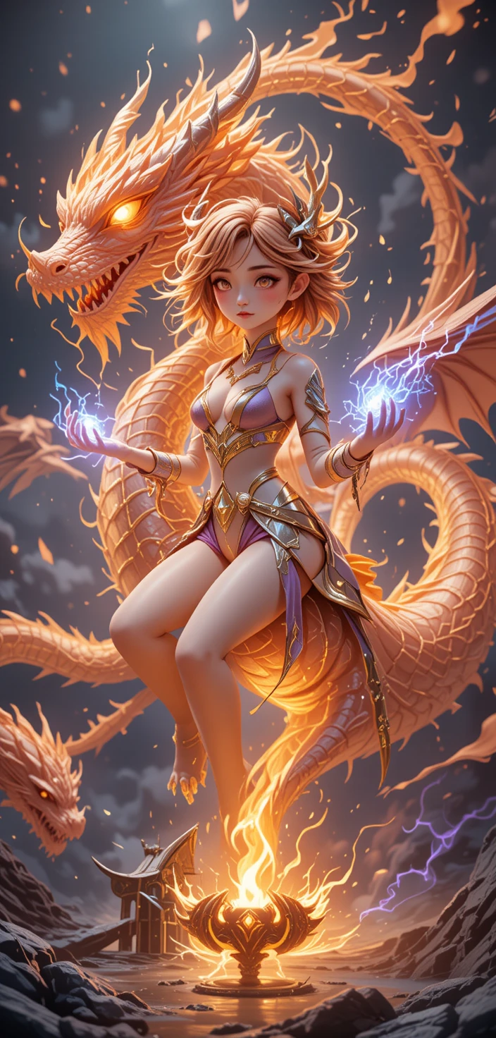 Dragon rider girl casting thunder magic above lava