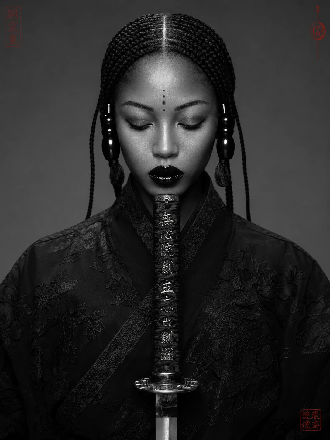 Retrato sereno de una mujer afrojaponesa con katana