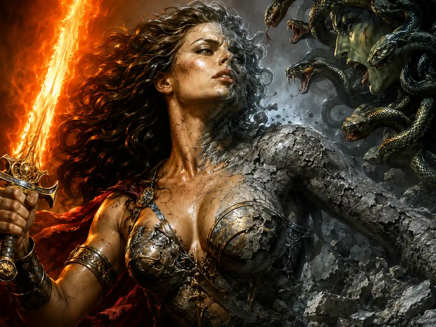 Fierce Warrior Woman Turning To Stone In Mythic Battle