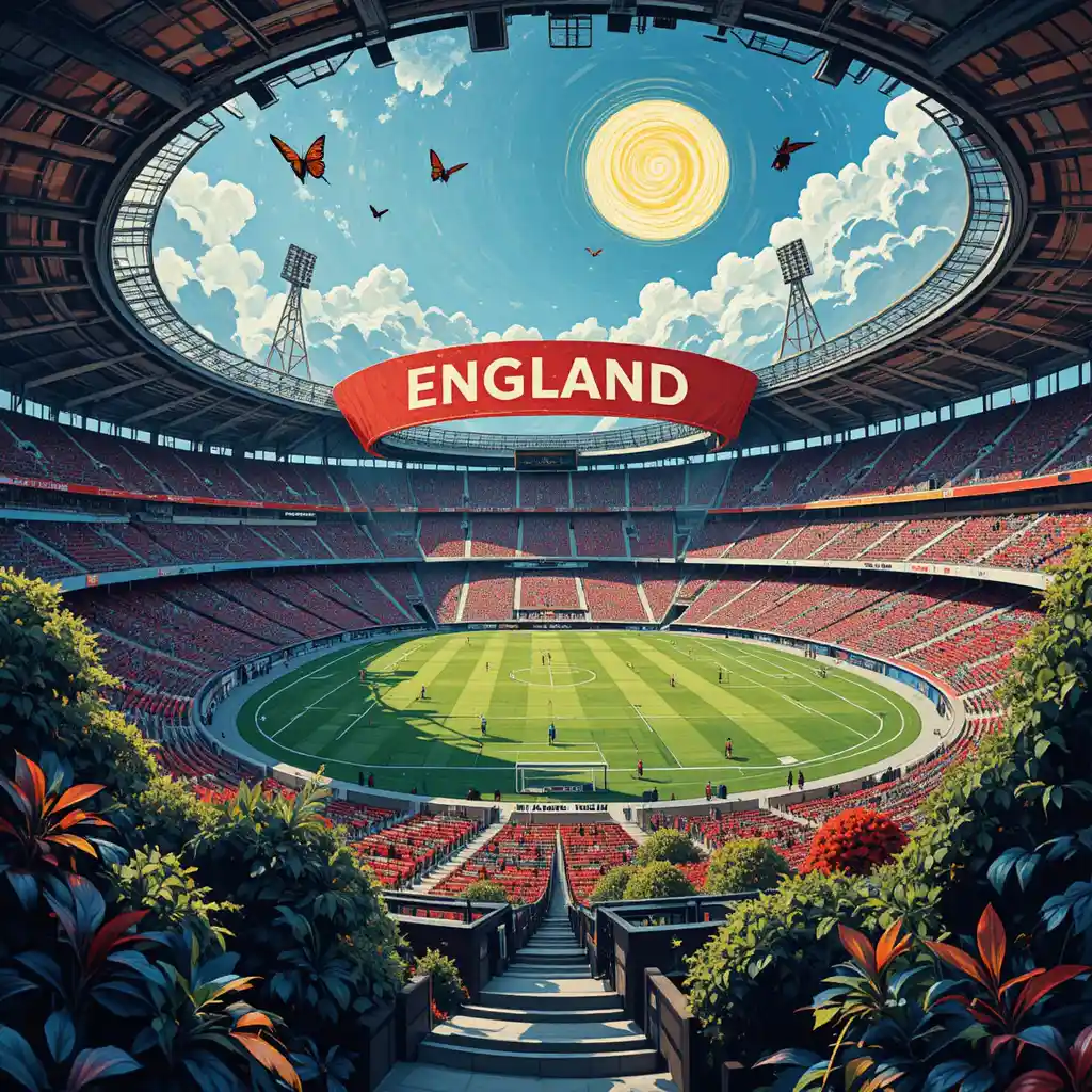 Futuristic England soccer stadium with lush eco friendly details