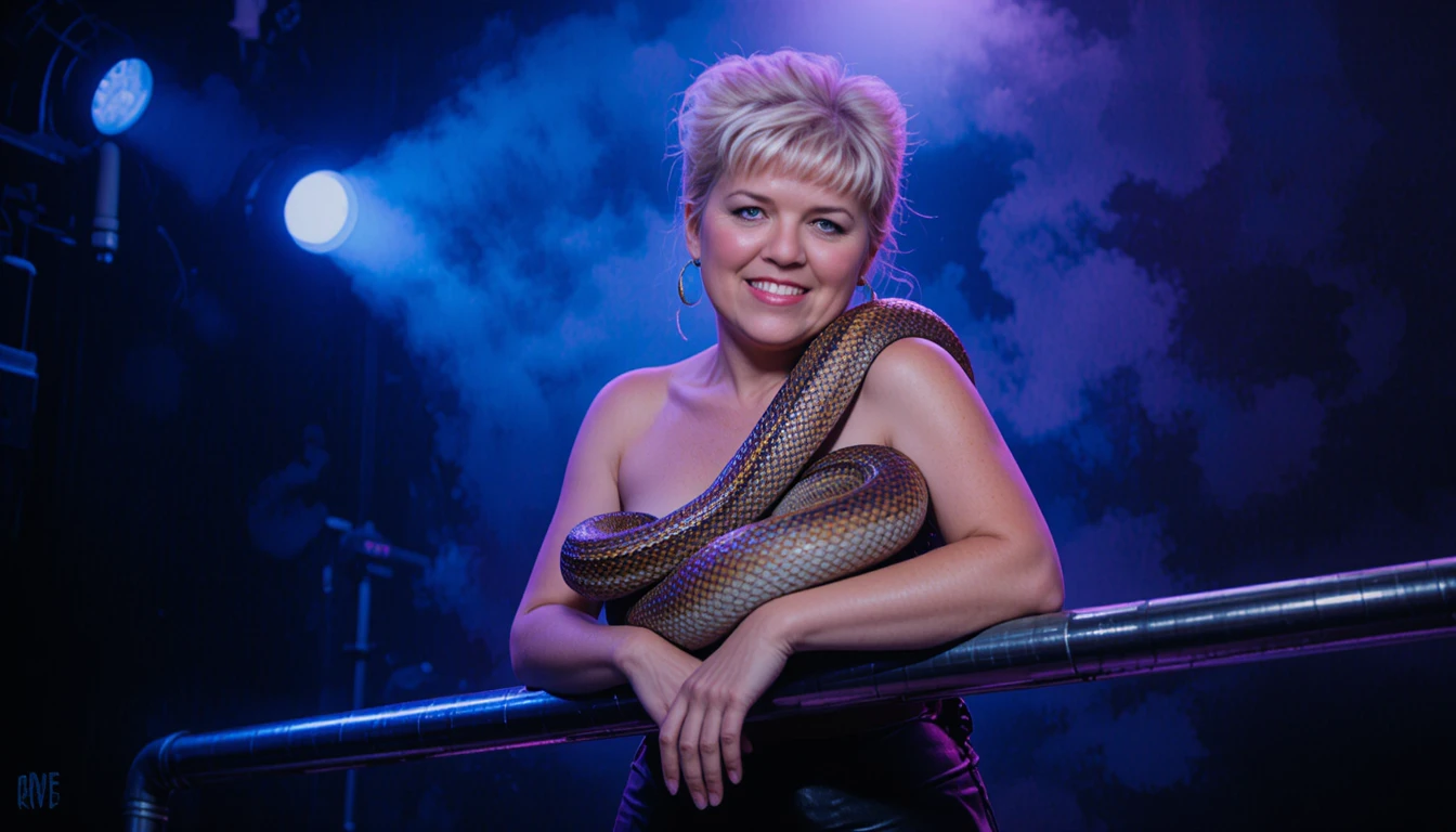 Blonde woman with python under neon light on smoky stage