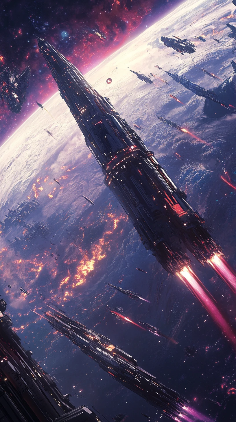 Massive spaceships battling in orbit above a distant world