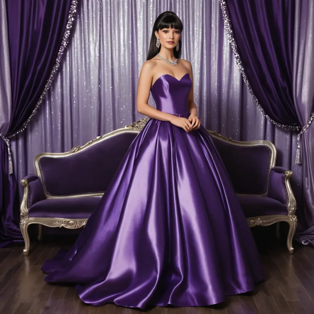 Elegant woman in royal purple satin ballgown indoors