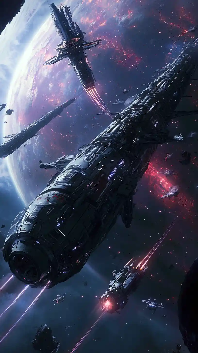 Massive spaceships battling in orbit above a distant world