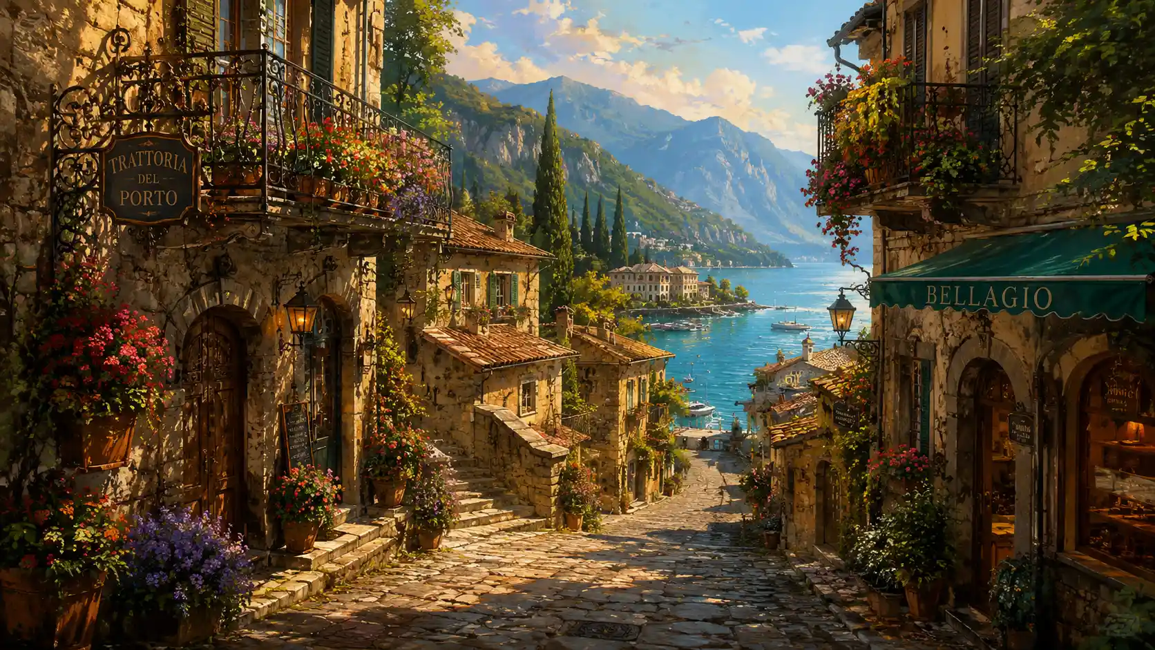 Sunlit Old Town Street With Mediterranean Stone Houses